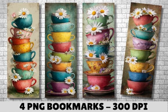 Antique Daisy Teacup Stacked Bookmark: A Charming Craft Graphic