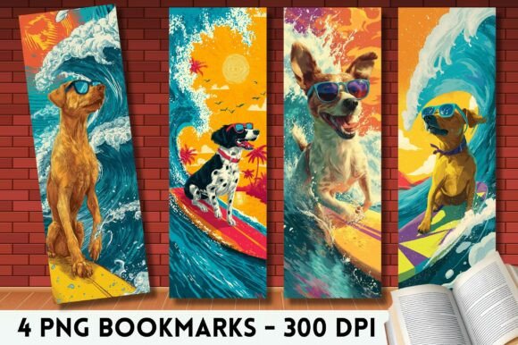 Cool Surfing Dogs Retro Summer Bookmark: A Crafty Graphics Gem