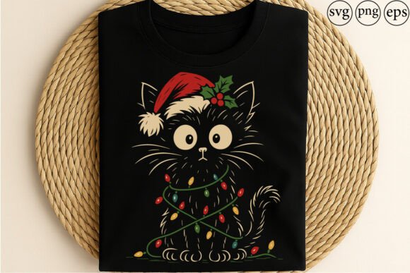 Cute Christmas Cat with Lights Santa: Festive Graphics