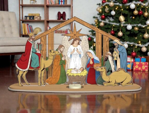 Nativity Scene Tea Light Holder SVG for Laser Cutting